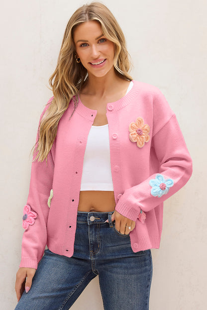 Pink Cute Knitted Floral Pattern Button Up Cardigan - Viraxa