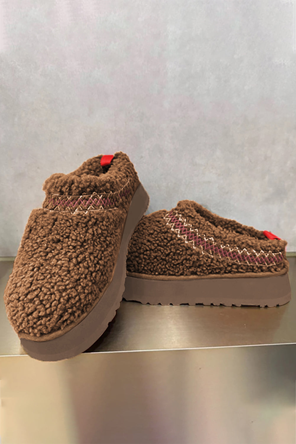 Chestnut Embroidered Sherpa Plush Thick Sole Snow Boots - Viraxa