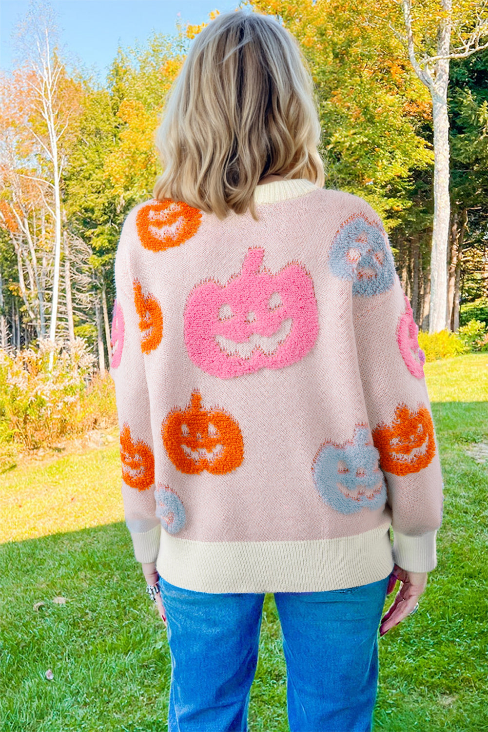 Beige Halloween Cute Pumpkin Pattern Sweater - Viraxa