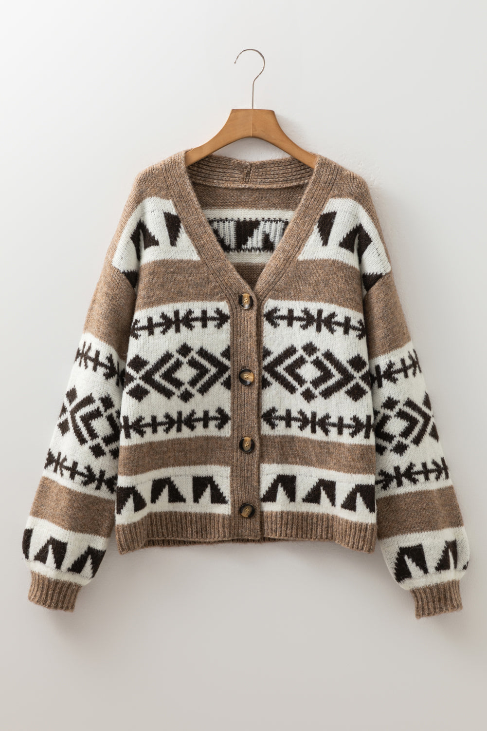 Dark Khaki Ethnic Geometric Pattern Button Front V Neck Sweater Cardigan - Viraxa