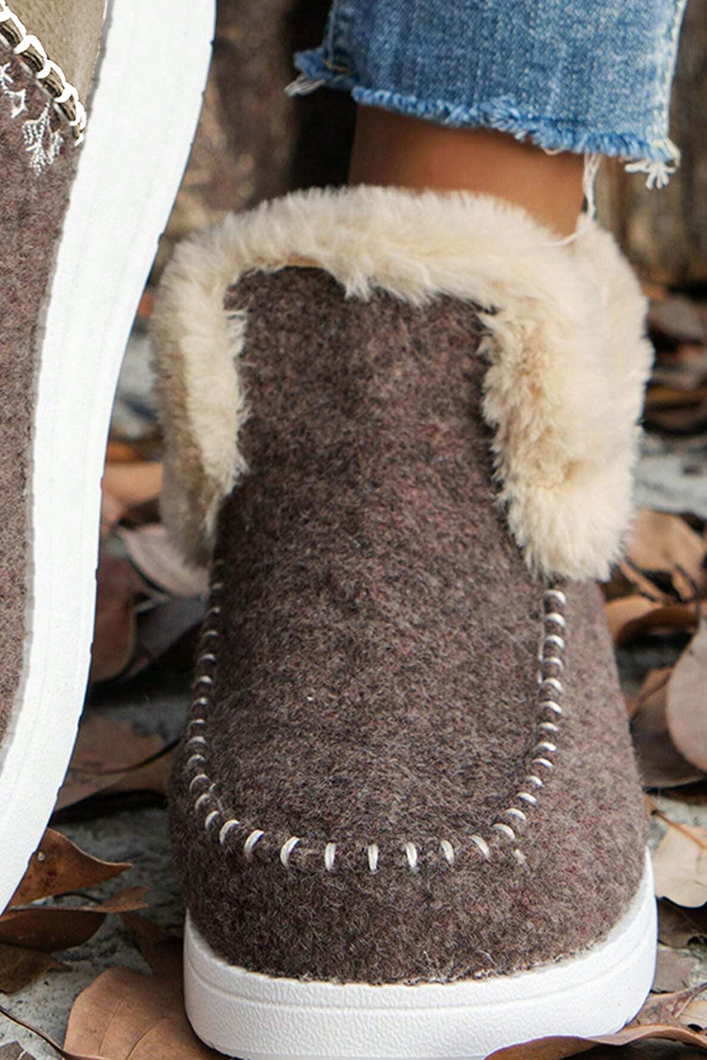 Coffee Suede Stitching Patchwork Plush Lined Anklet Boots - Viraxa
