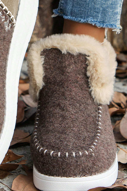 Coffee Suede Stitching Patchwork Plush Lined Anklet Boots - Viraxa