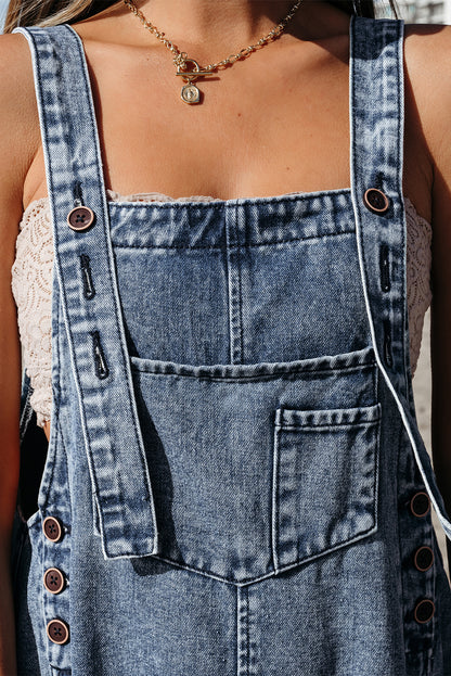 Stone Blue Distressed Bib Pocket Wide Leg Denim Overall - Viraxa