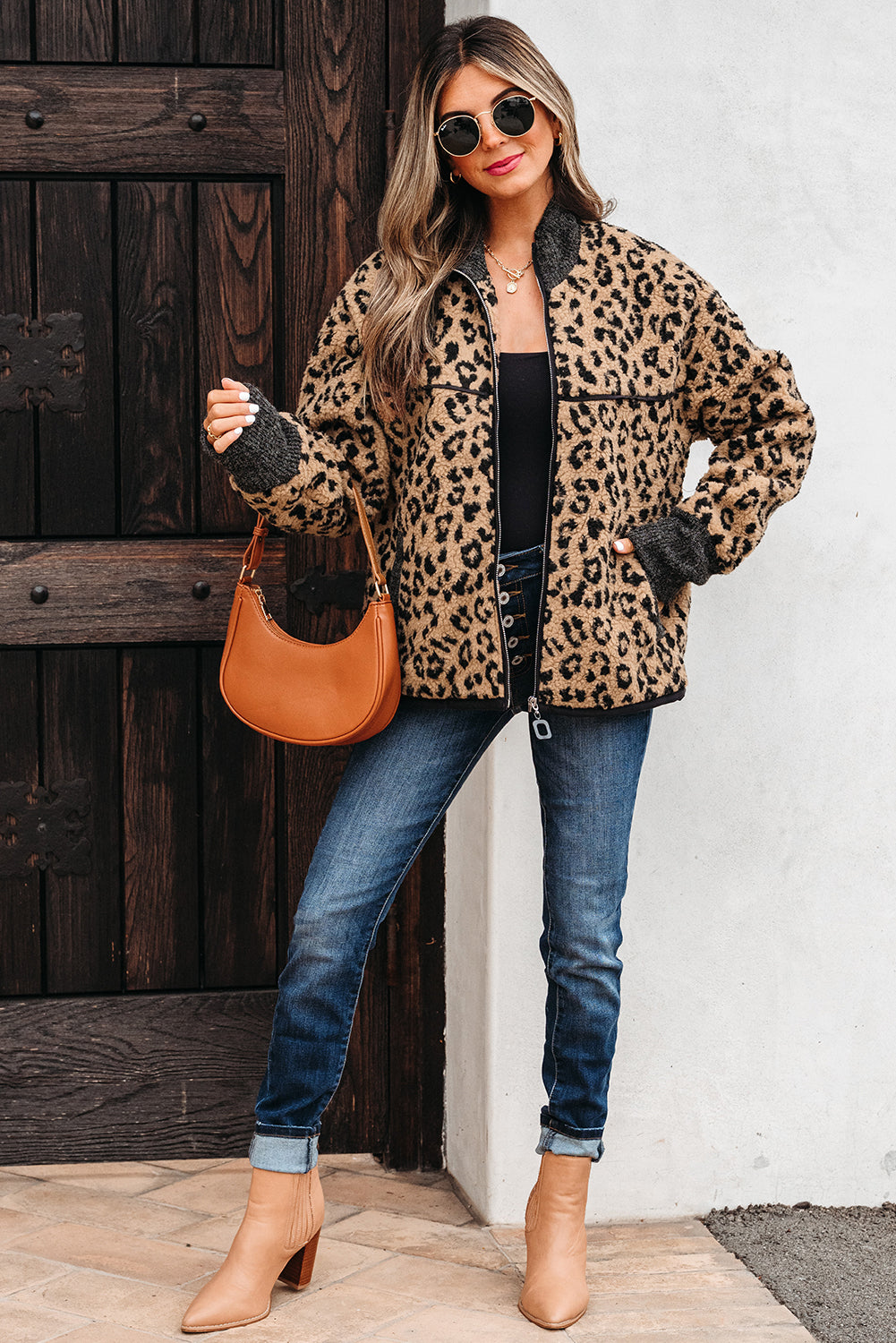 Khaki Leopard Print Zip Up Stand Neck Side Pocket Jacket - Viraxa