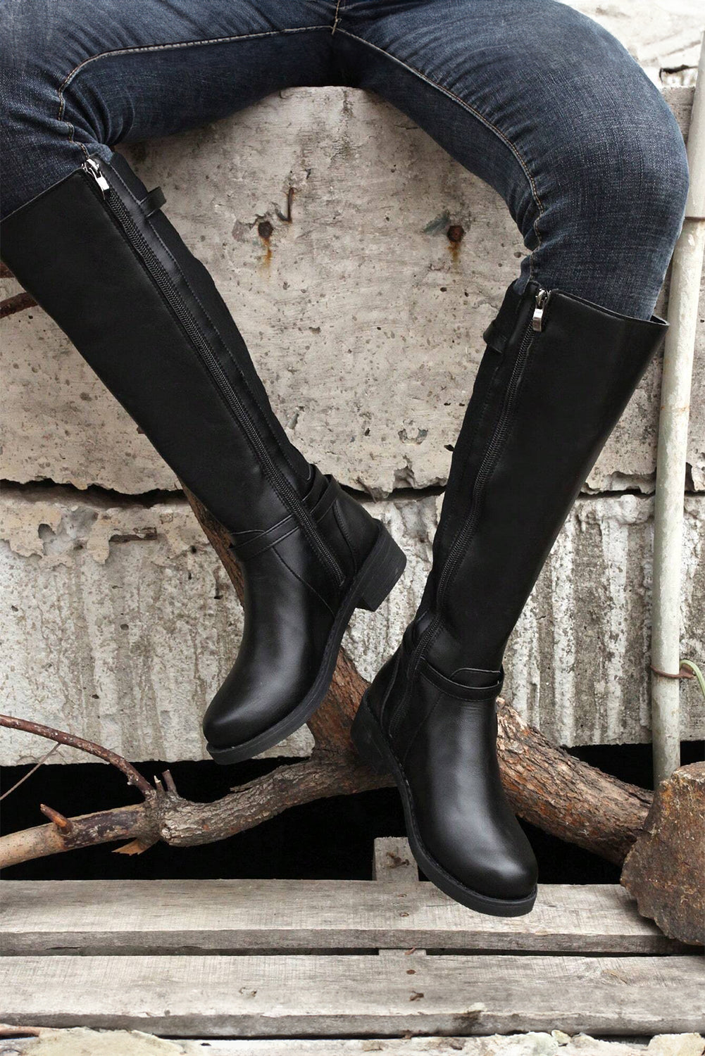 Black Side Zipper Knee High Chunky Low Heel Boots - Viraxa