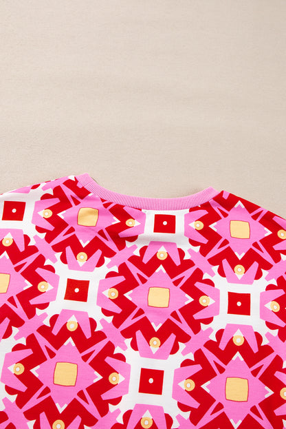 Sachet Pink Geometric Print Long Sleeve Top and Drawstring Shorts Set - Viraxa