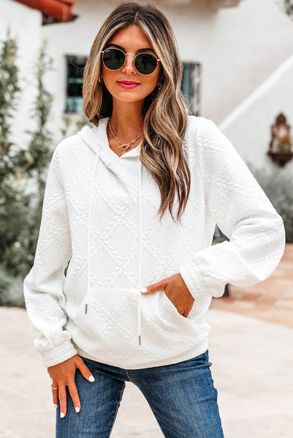 White Cable Lattice Texture Kangaroo Pocket Hoodie