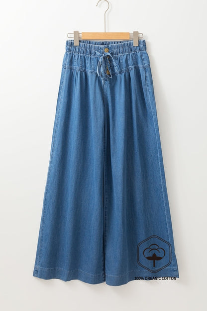 Dusk Blue Mineral Wash Button Fly Waist Wide Leg Jeans - Viraxa