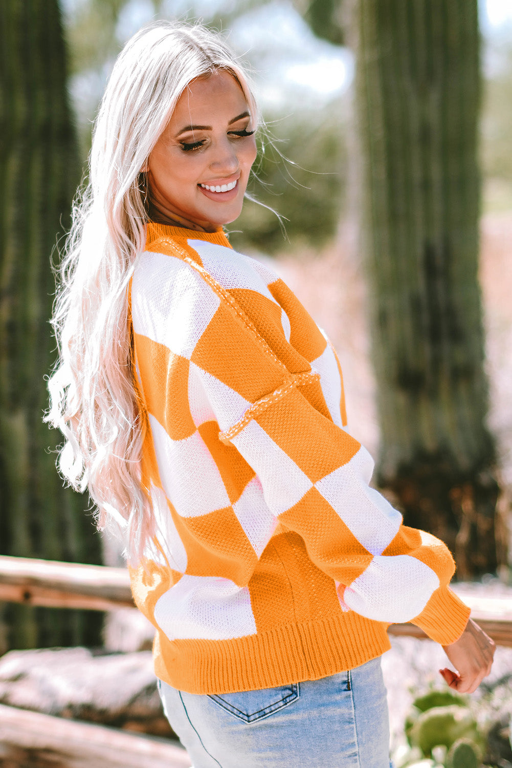 Orange Checkered Bishop Sleeve Sweater - Viraxa