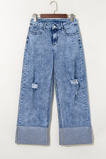 Ashleigh Blue Mineral Wash Bottom Cuff Distressed Wide Leg Jeans - Viraxa