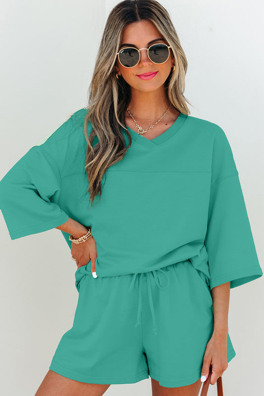 Sea Green Solid Loose V Neck Half Sleeve Tee and Shorts - Viraxa