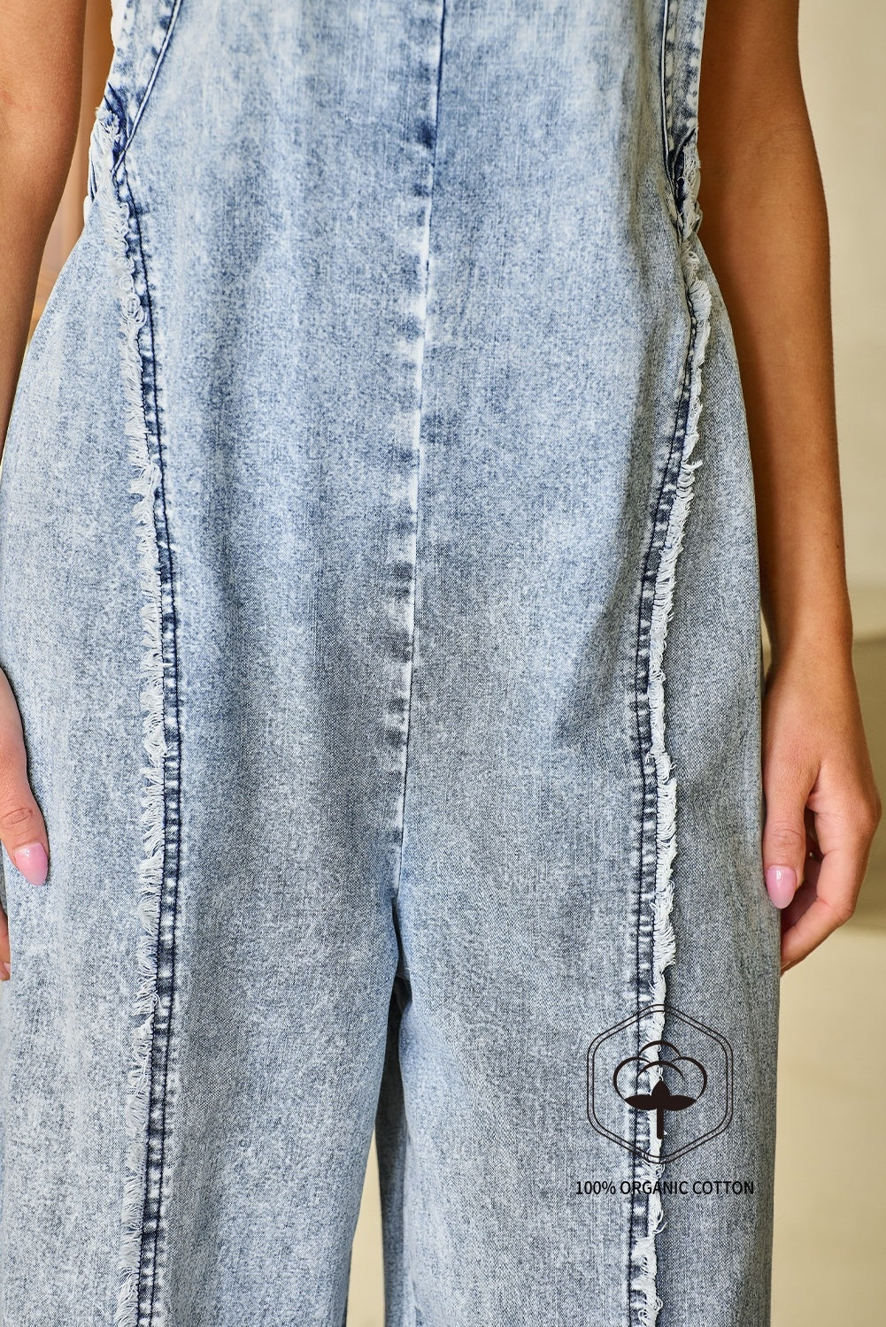 Beau Blue Light Wash Frayed Exposed Seam Wide Leg Denim Overall