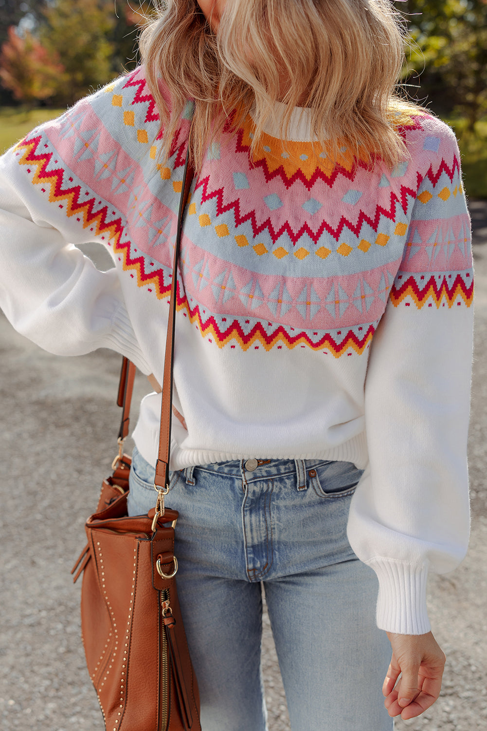 White Ethnic Geometric Colorblock Print Drop Shoulder Sweater - Viraxa