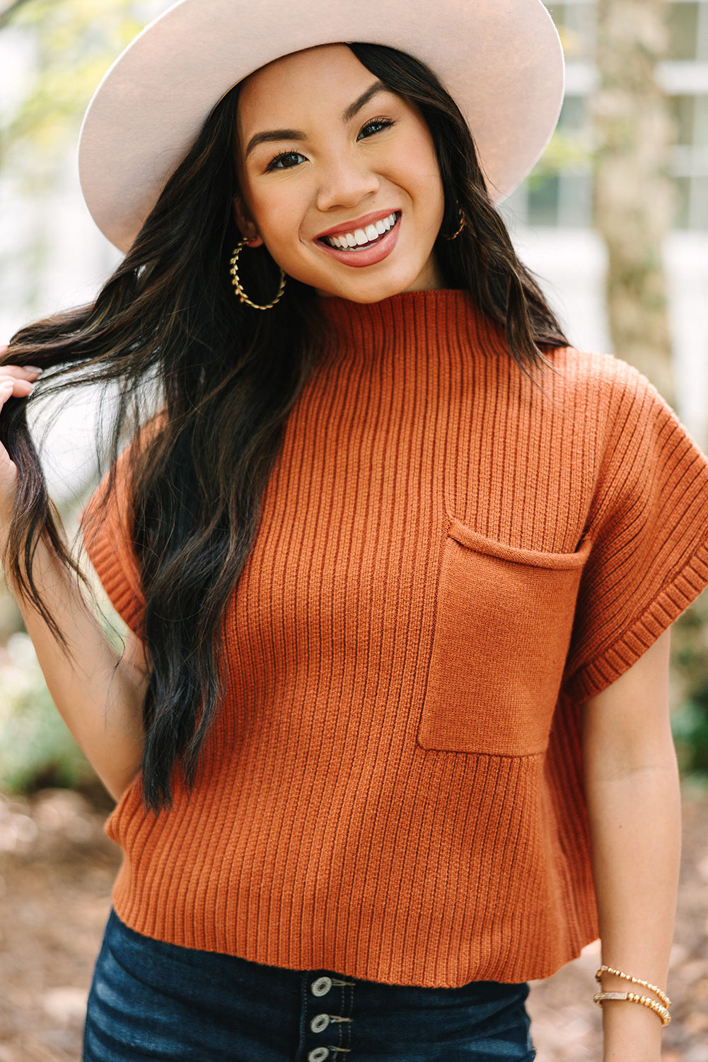 Gold Flame Patch Pocket Ribbed Knit Short Sleeve Sweater - Viraxa