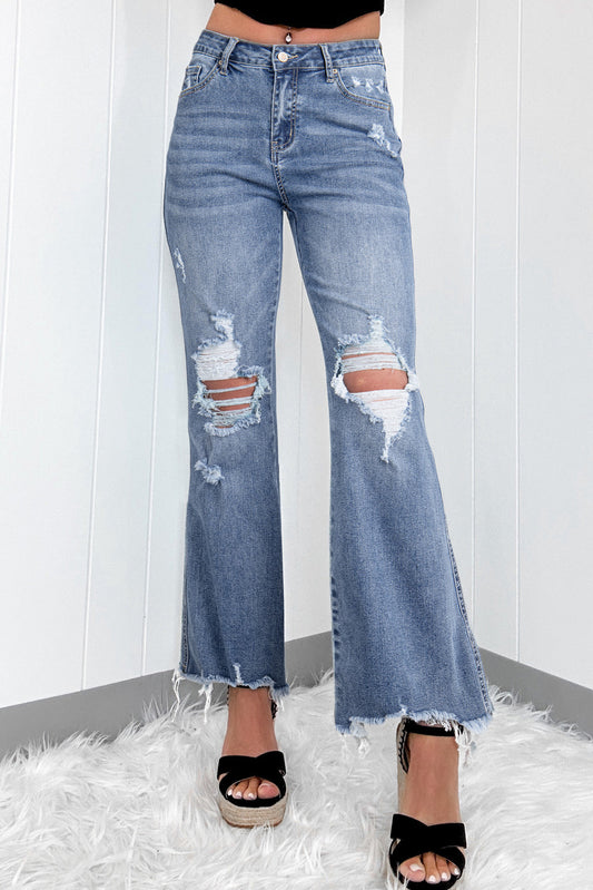 Dusk Blue High Rise Ripped Distressed Hem Flared Jeans - Viraxa