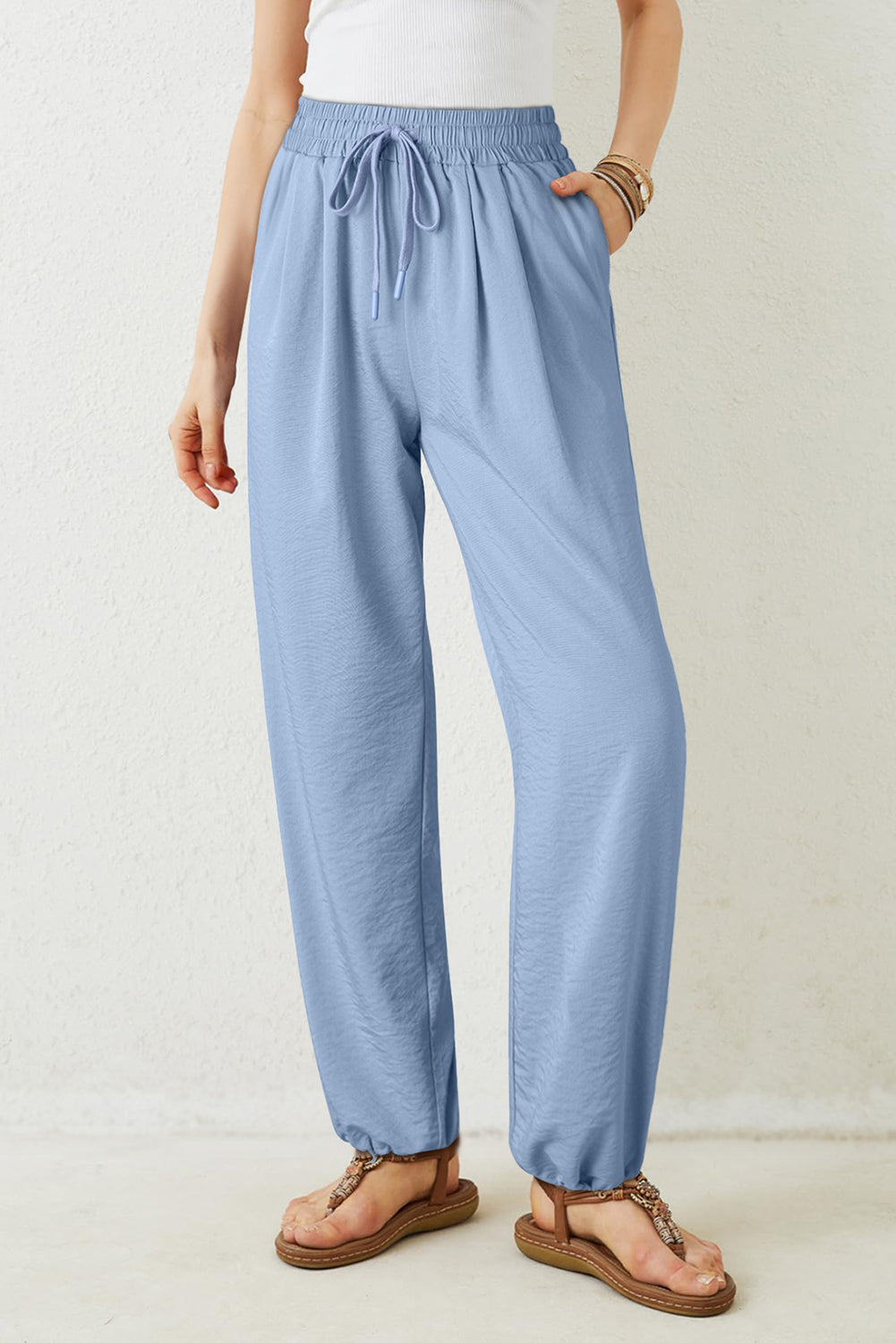 Myosotis Drawstring Elastic Waistband Pleated Loose Pants - Viraxa