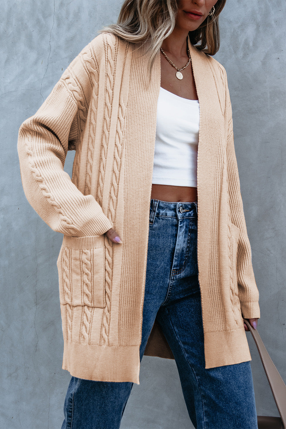 Parchment Oversize Chunky Cable Knit Open Front Midi-length Cardigan - Viraxa
