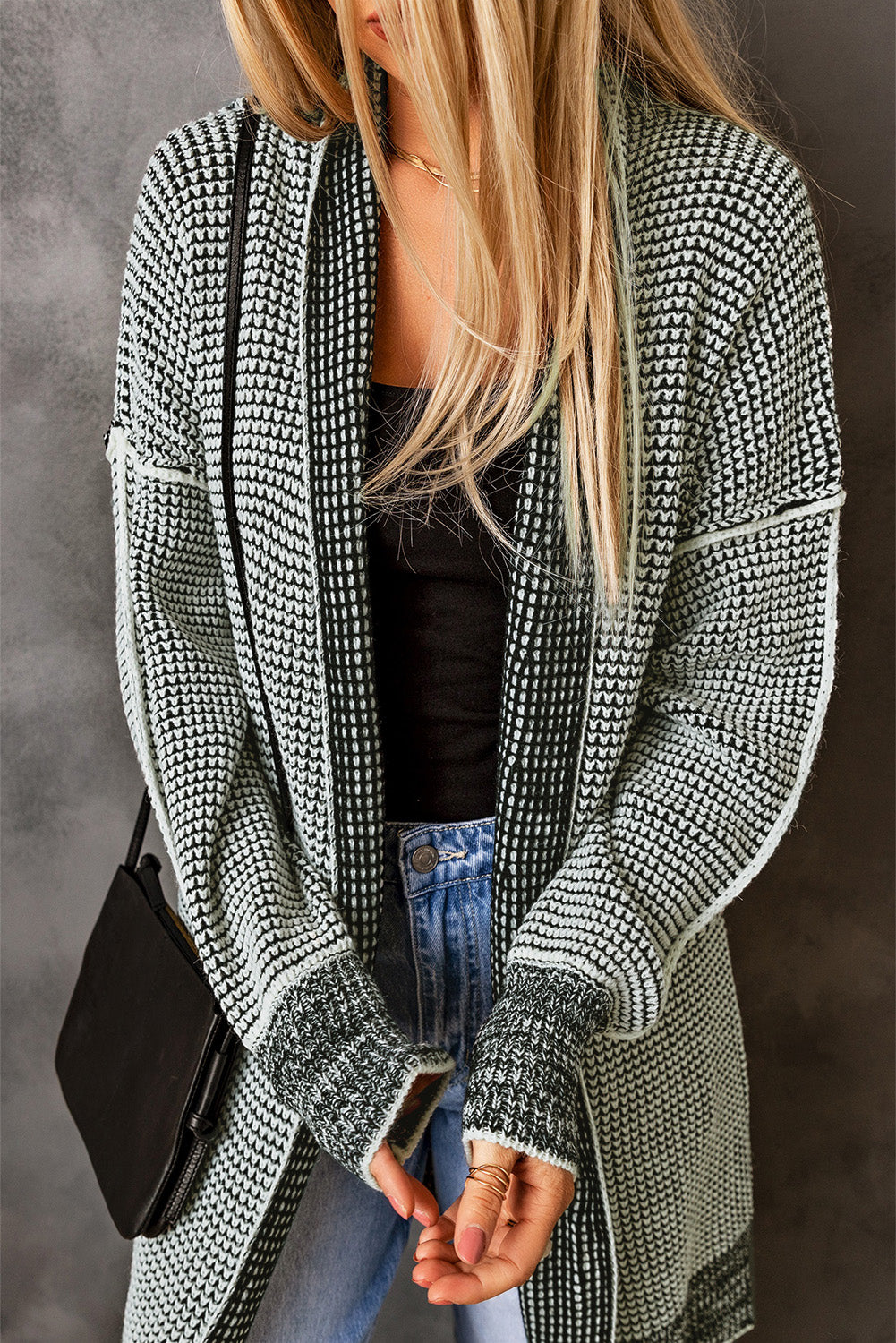 Gray Plaid Knitted Long Open Front Cardigan - Viraxa