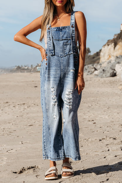 Stone Blue Distressed Bib Pocket Wide Leg Denim Overall - Viraxa