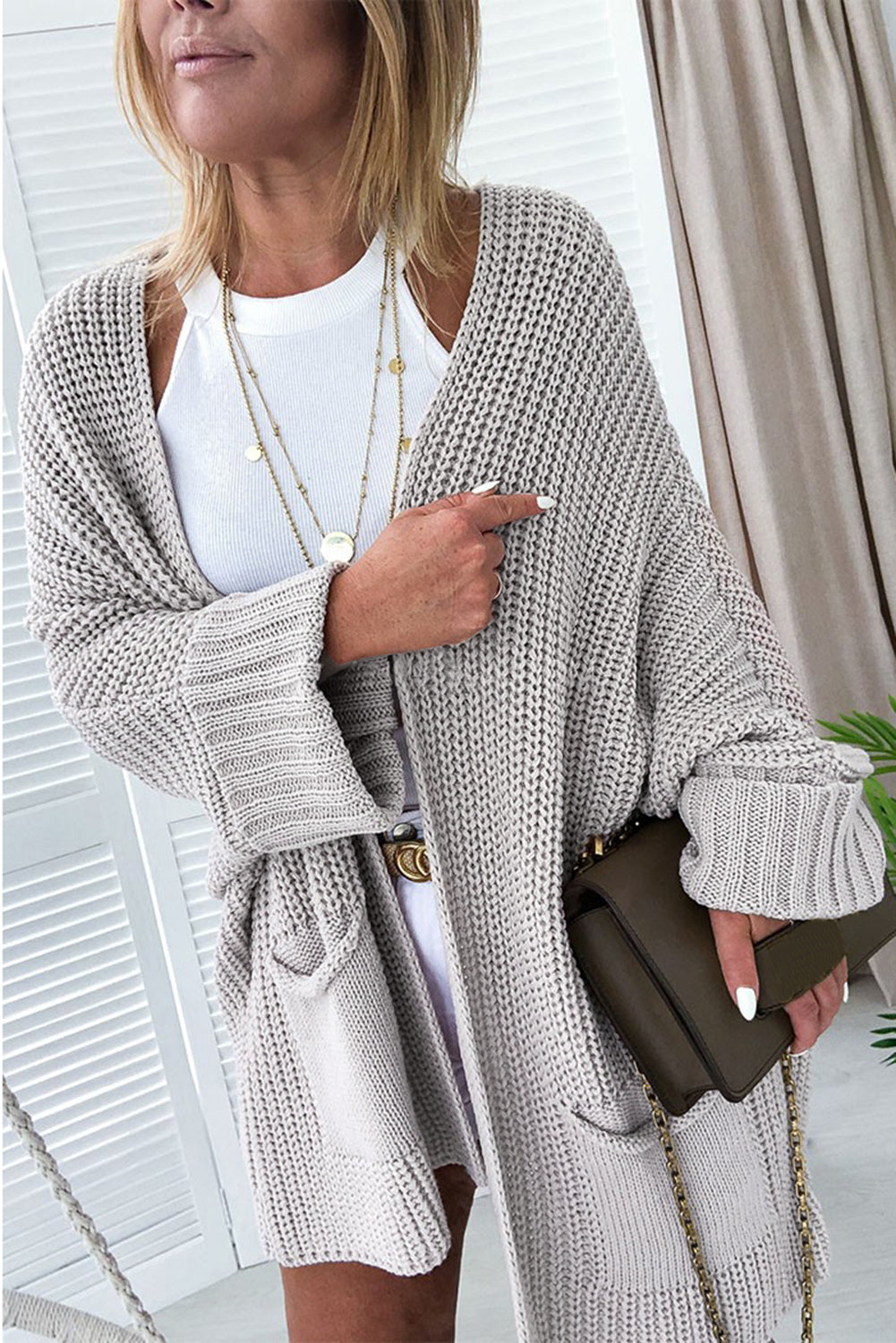Gray Oversized Fold Over Sleeve Open Front Cardigan - Viraxa