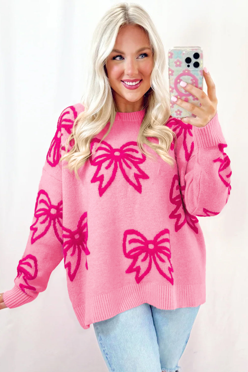 Pink Bow Pattern Drop Shoulder Loose Sweater - Viraxa
