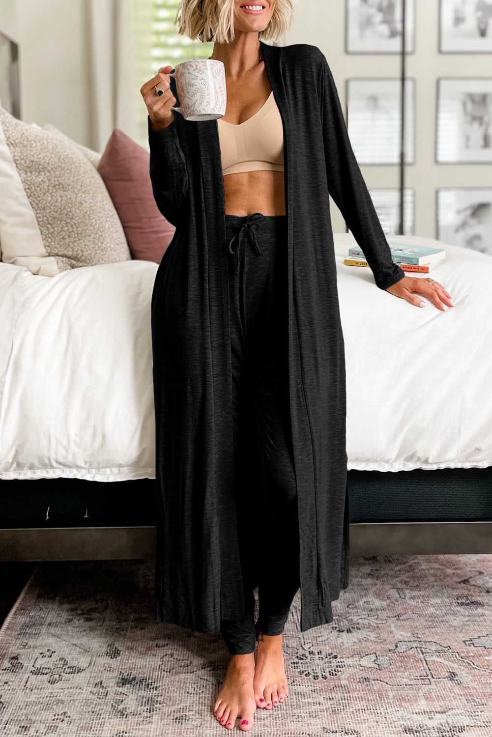 Black Split Long Cardigan and Skinny Pants Lounge Set - Viraxa