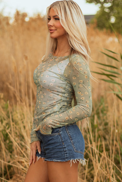 Laurel Green Vintage Floral Print Southern Style Mesh Long Sleeve Top