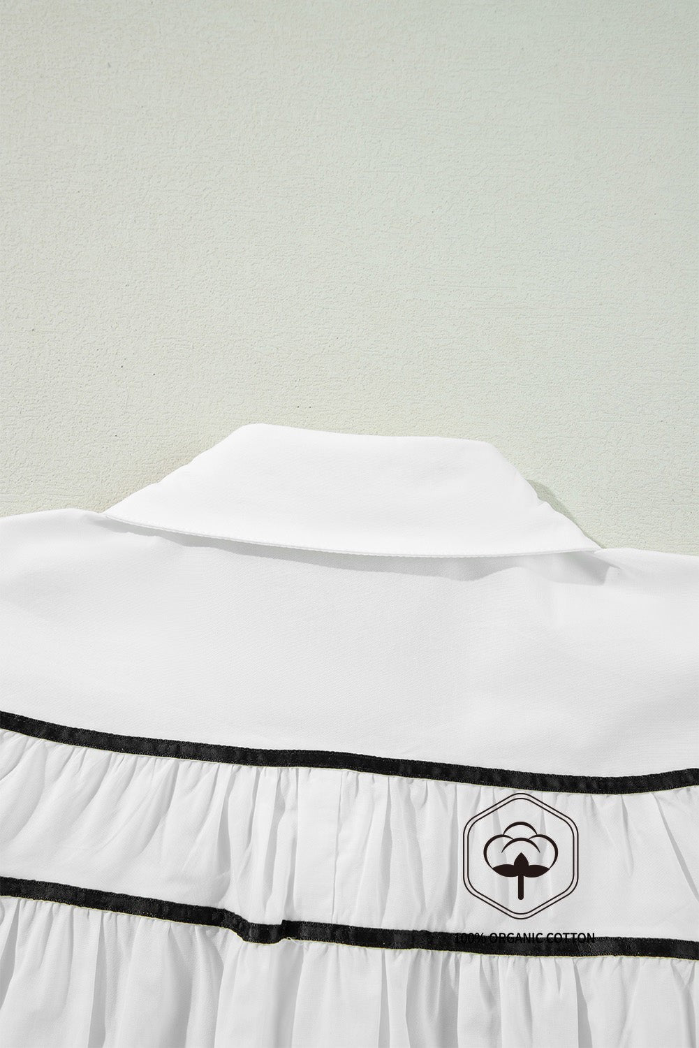 White Black Pipping Ribbon Bowtie Collared Ruffled Puff Sleeve Shirt