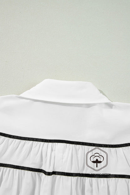 White Black Pipping Ribbon Bowtie Collared Ruffled Puff Sleeve Shirt