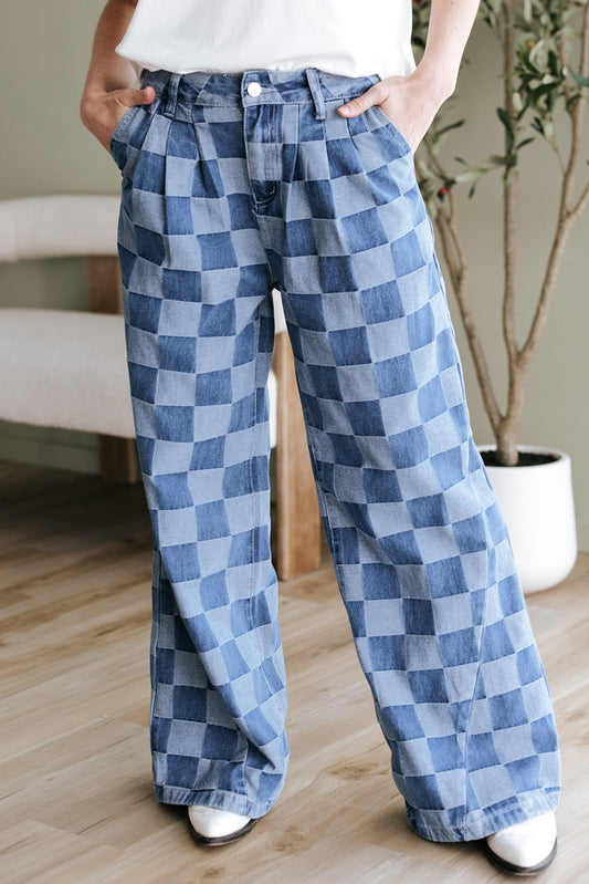 Dusk Blue Checkered Denim Wide Leg Jeans - Viraxa
