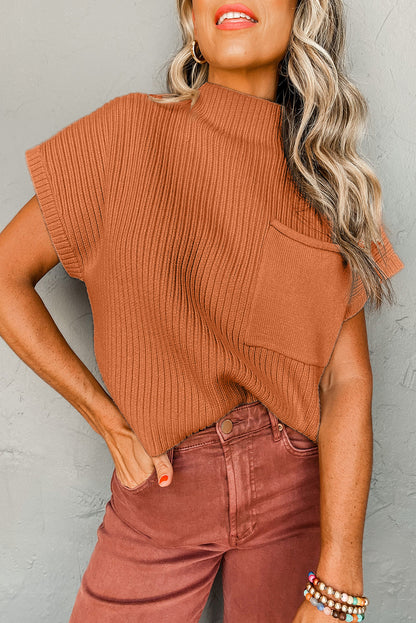 Gold Flame Patch Pocket Ribbed Knit Short Sleeve Sweater - Viraxa