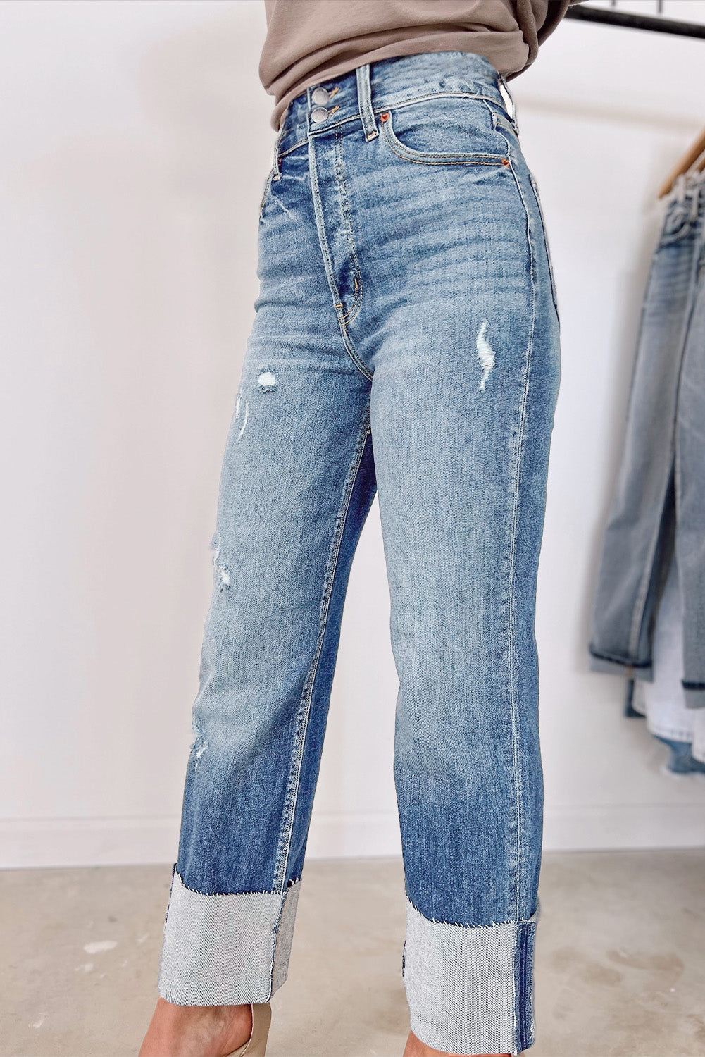 Sky Blue High Waist Distressed Straight Leg Jeans - Viraxa