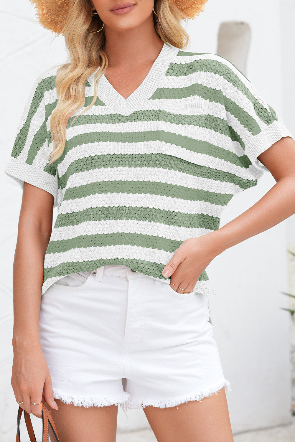 Green Stripe V Neck Short Sleeve Sweater with Side Slits - Viraxa