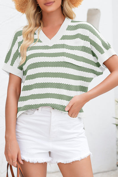 Green Stripe V Neck Short Sleeve Sweater with Side Slits - Viraxa