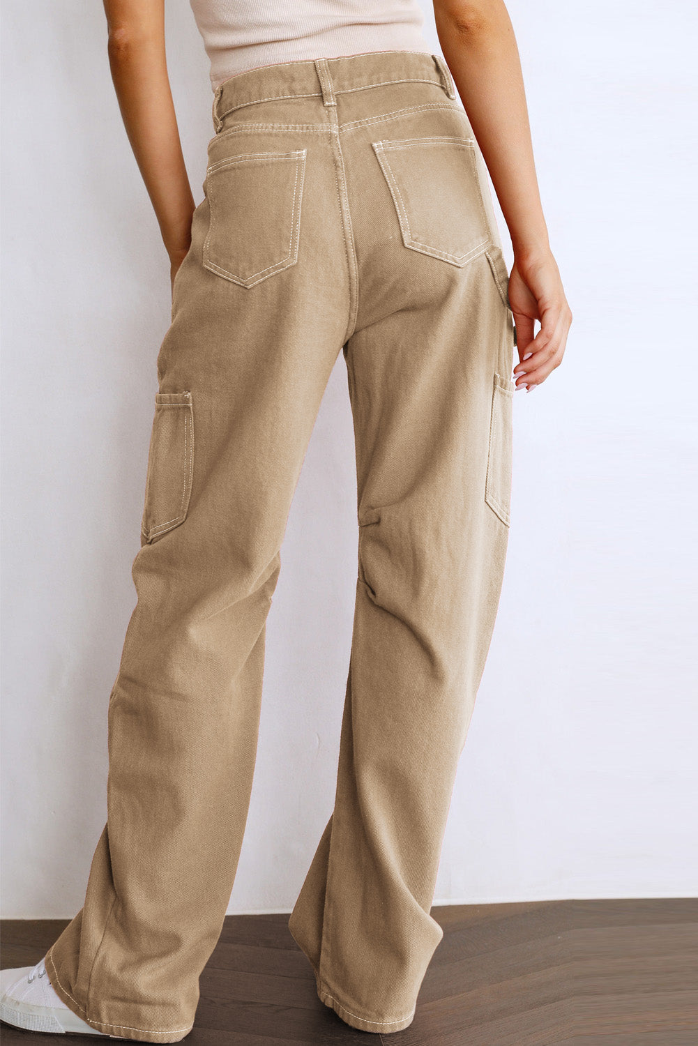 Khaki High Waist Straight Leg Cargo Pants with Pockets - Viraxa