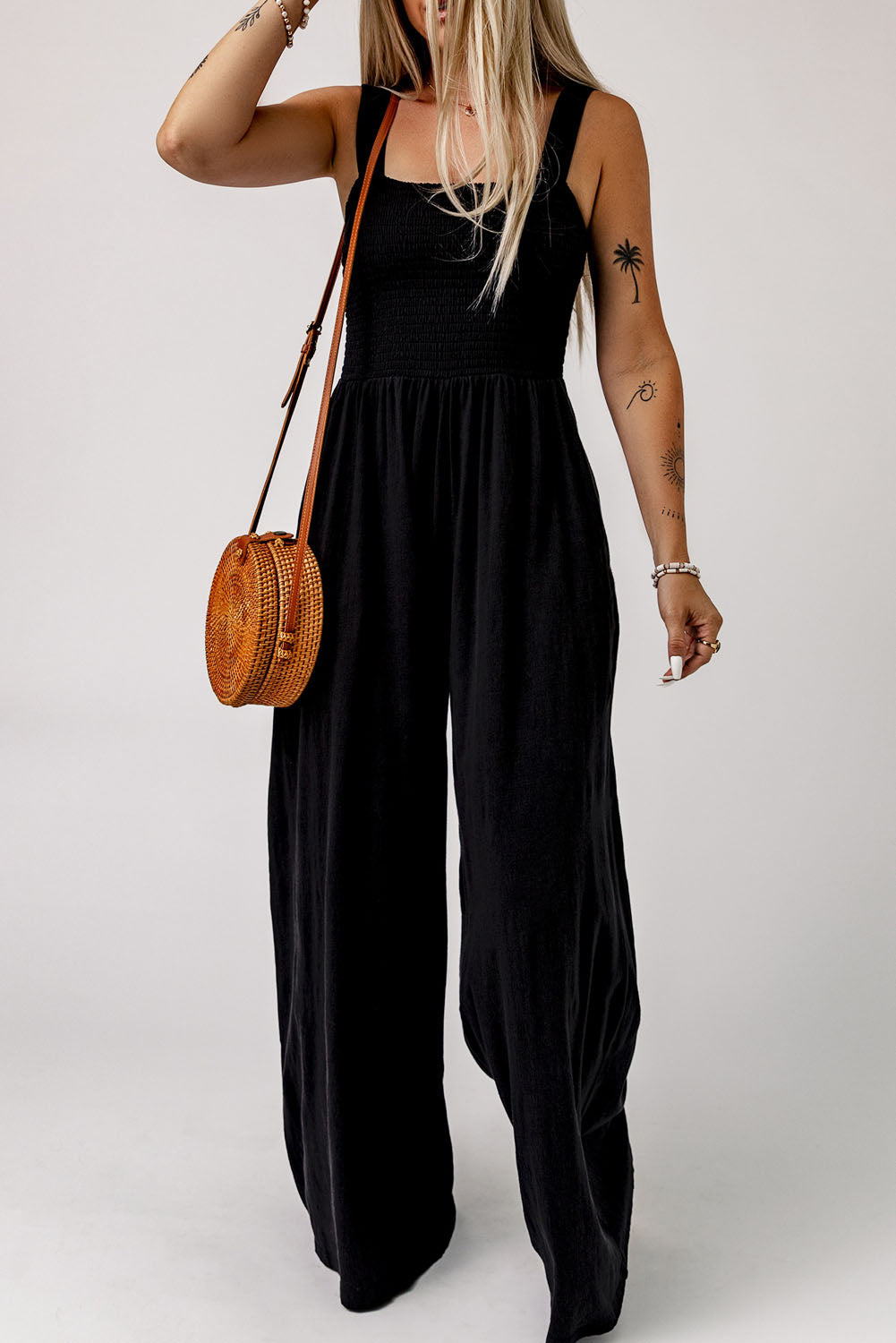 Black Smocked Sleeveless Wide Leg Jumpsuit with Pockets - Viraxa