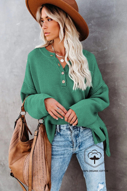Green Henley Pullover Drop Shoulder Sweater with Slits