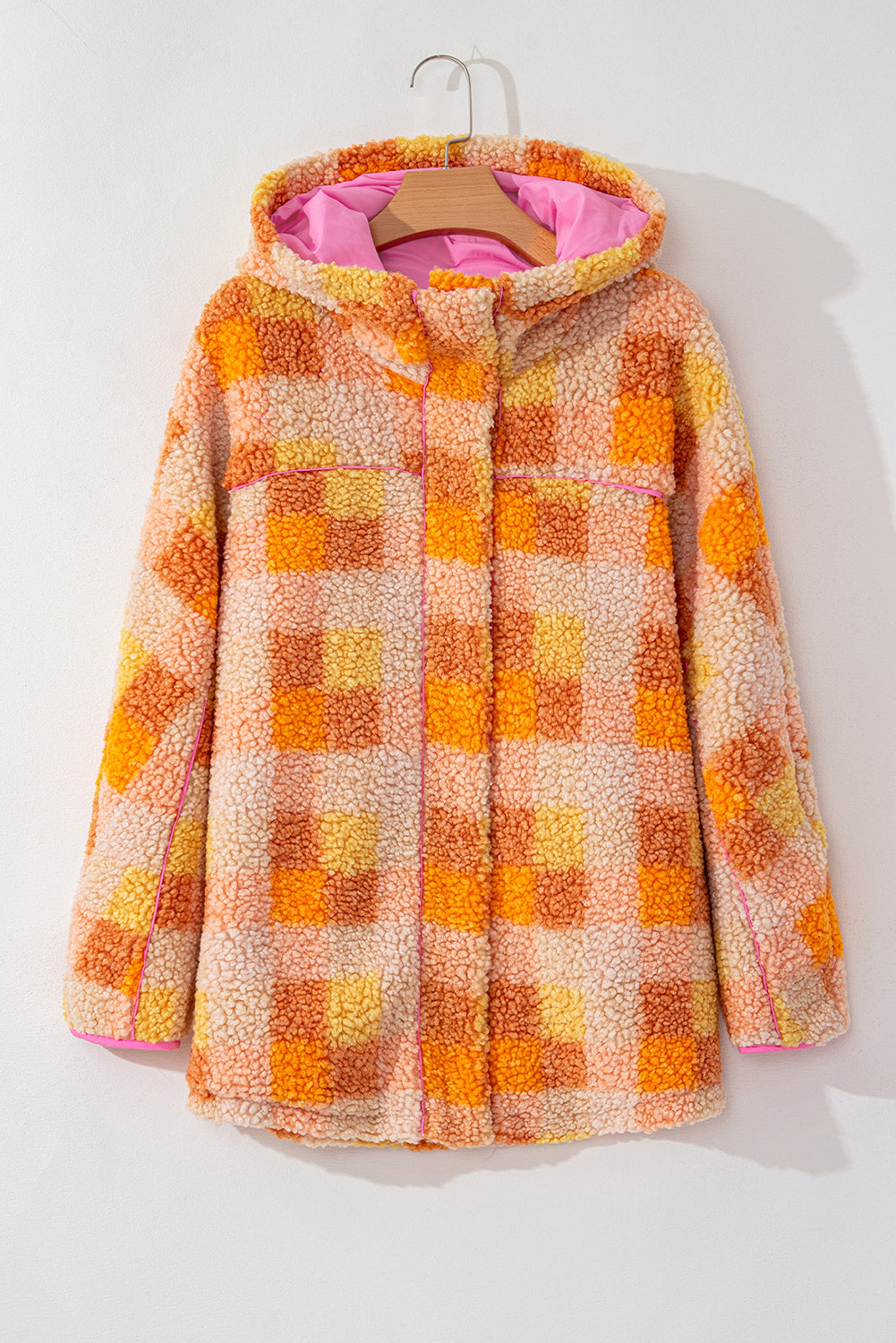 Orange Checkered Sherpa Hooded Jacket - Viraxa