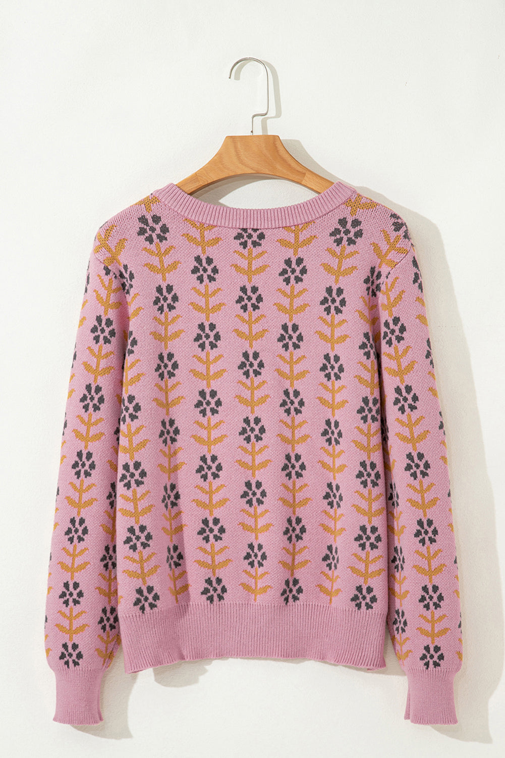 Pink Floral Button Down Ribbed Banded Cardigan Sweater - Viraxa