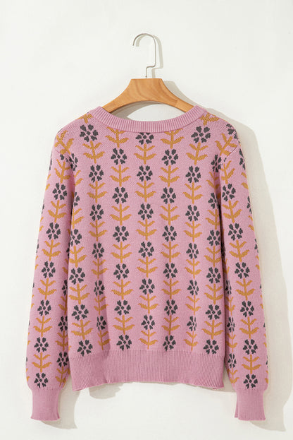 Pink Floral Button Down Ribbed Banded Cardigan Sweater - Viraxa