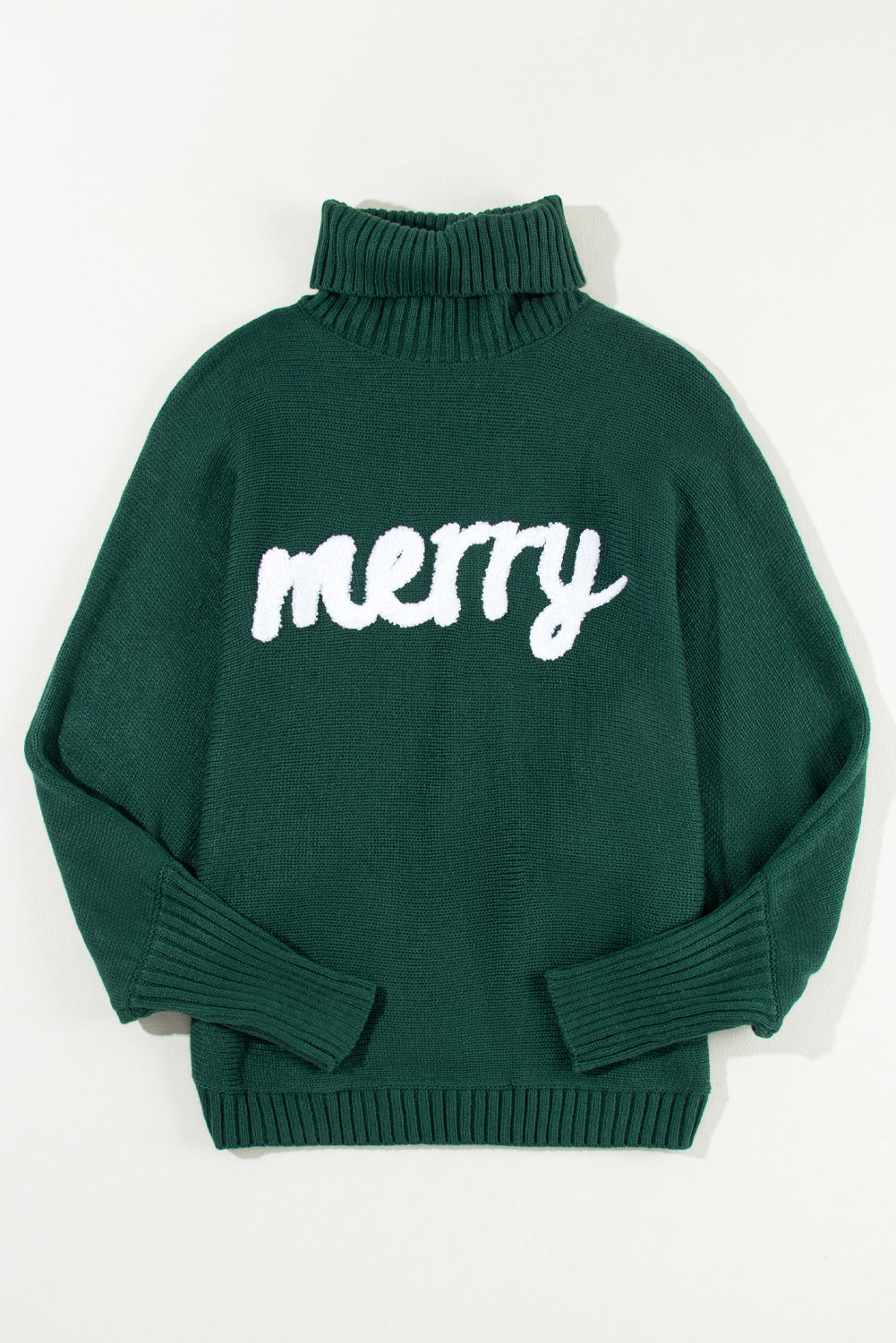 Blackish Green Merry Letter Embroidered High Neck Sweater - Viraxa