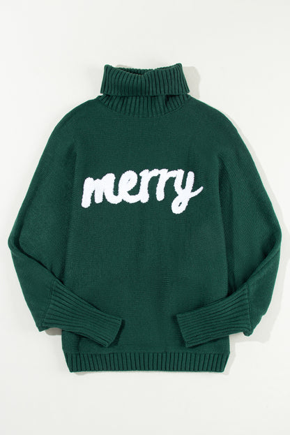 Blackish Green Merry Letter Embroidered High Neck Sweater - Viraxa