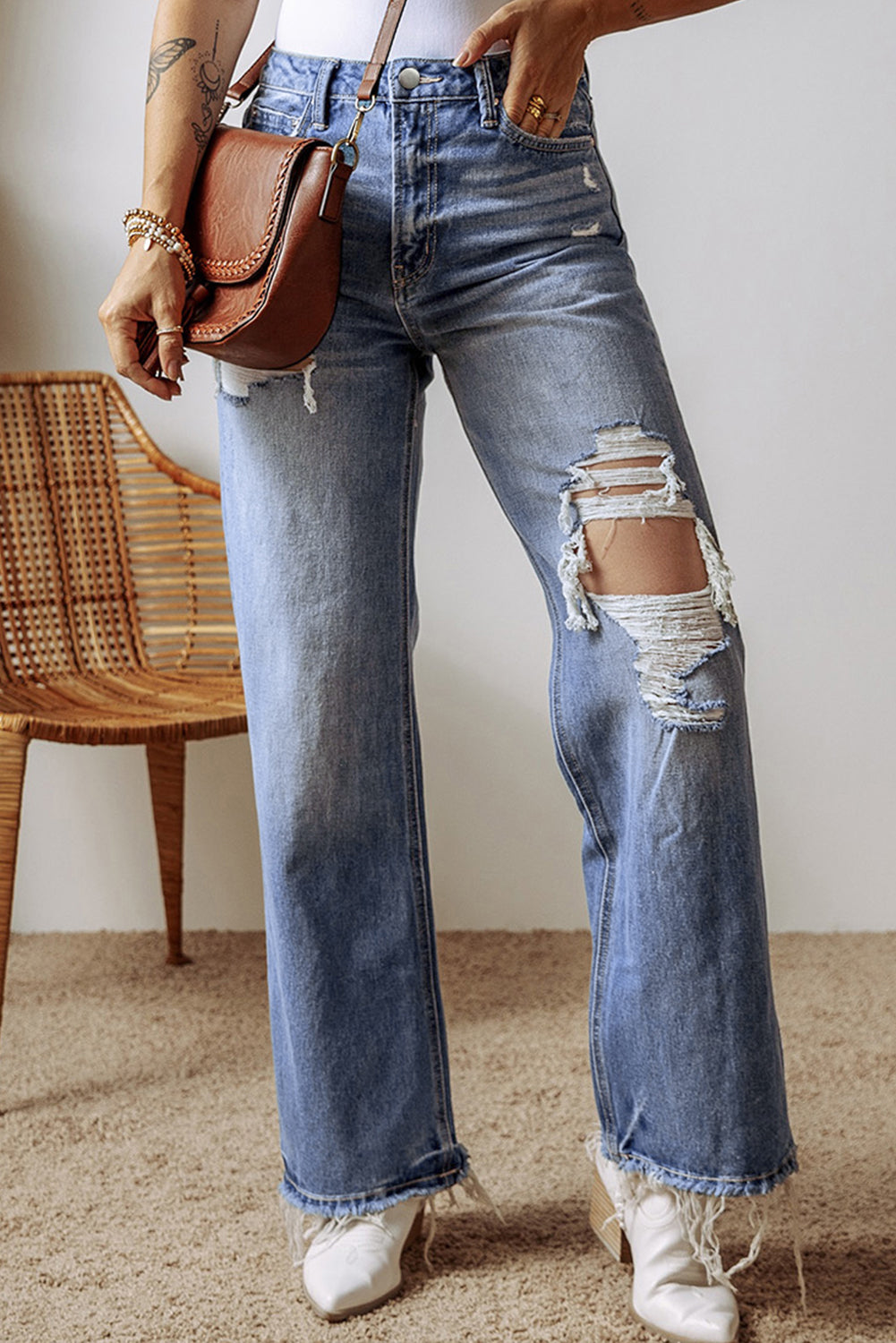 Ashleigh Blue Distressed Raw Hem Straight Leg High Waist Jeans - Viraxa