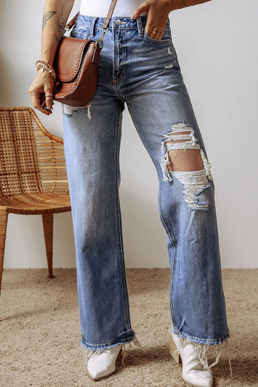 Ashleigh Blue Distressed Raw Hem Straight Leg High Waist Jeans - Viraxa