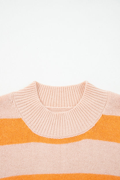 Orange Stripe Color Block High Neck Drop Shoulder Cozy Sweater - Viraxa