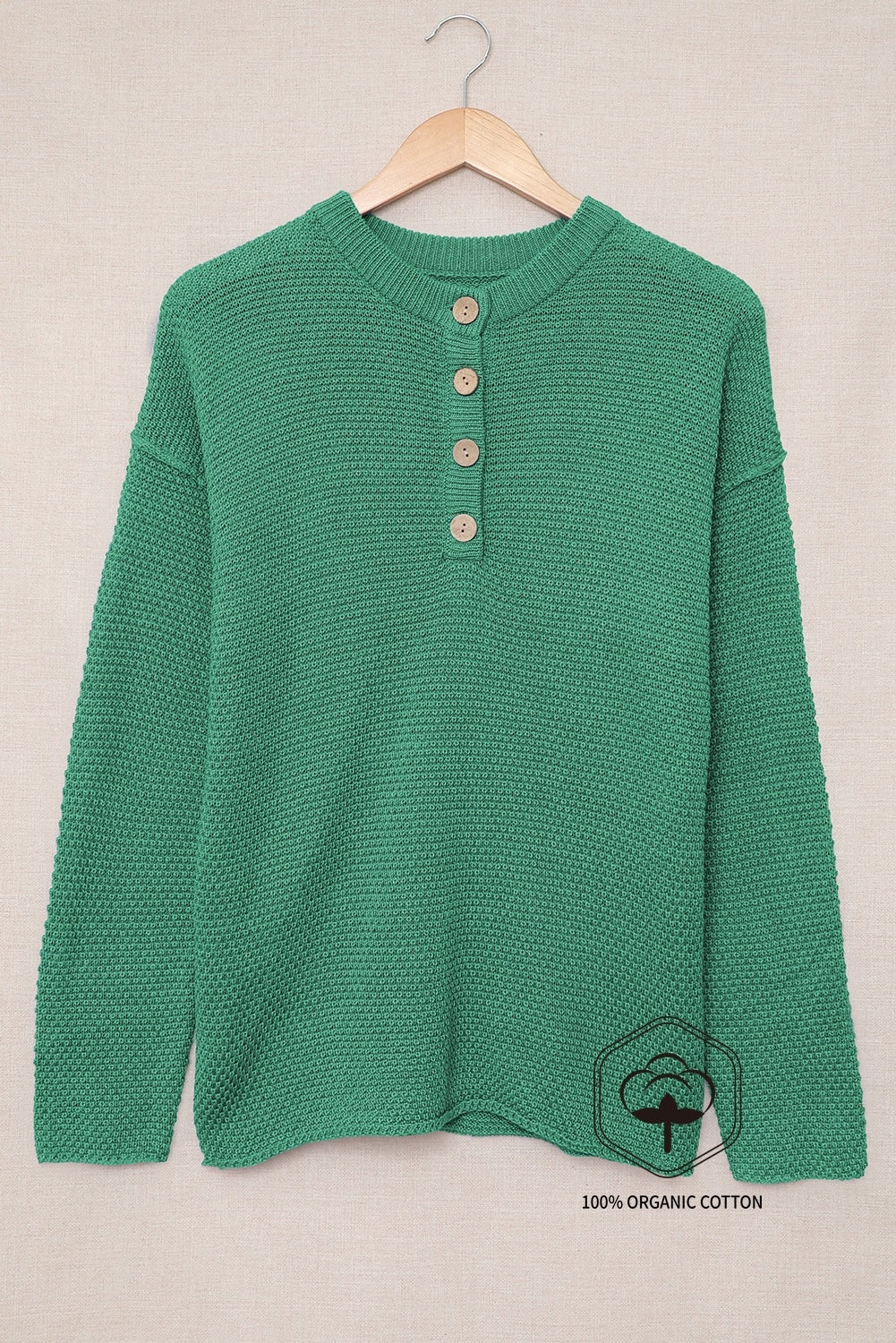 Green Henley Pullover Drop Shoulder Sweater with Slits
