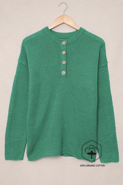 Green Henley Pullover Drop Shoulder Sweater with Slits