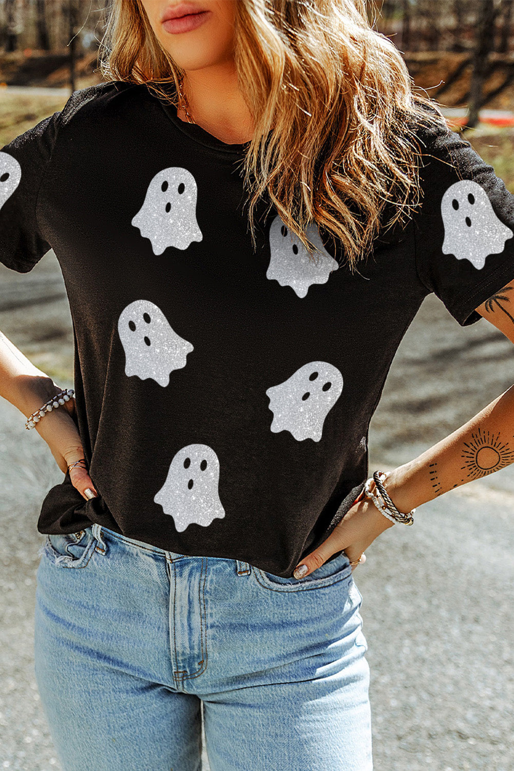 Black Glitter Ghost Pattern Crew Neck Halloween T Shirt - Viraxa
