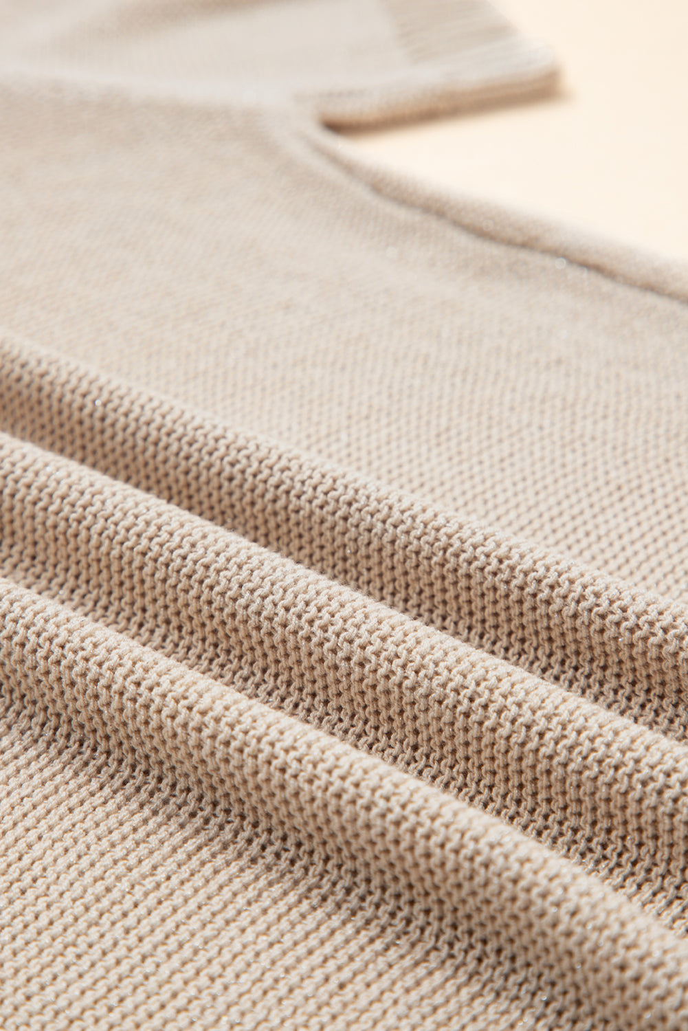 Beige Shiny Knitted Short Sleeve Drop Shoulder Sweater - Viraxa