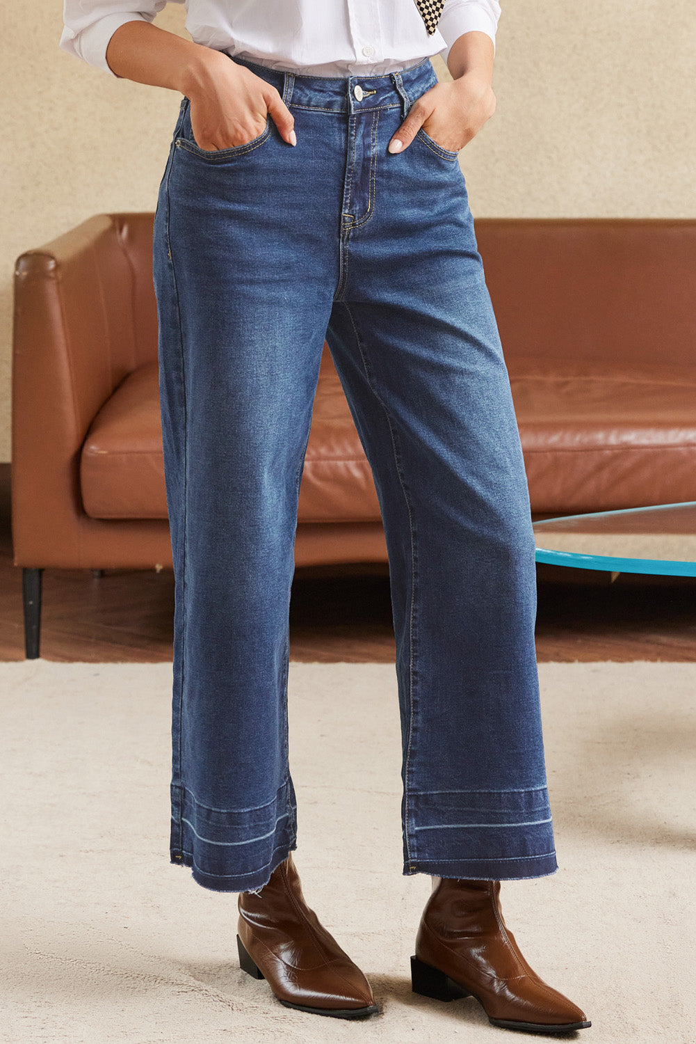 Real Teal Raw Hem Straight Leg Loose High Waist Jeans - Viraxa